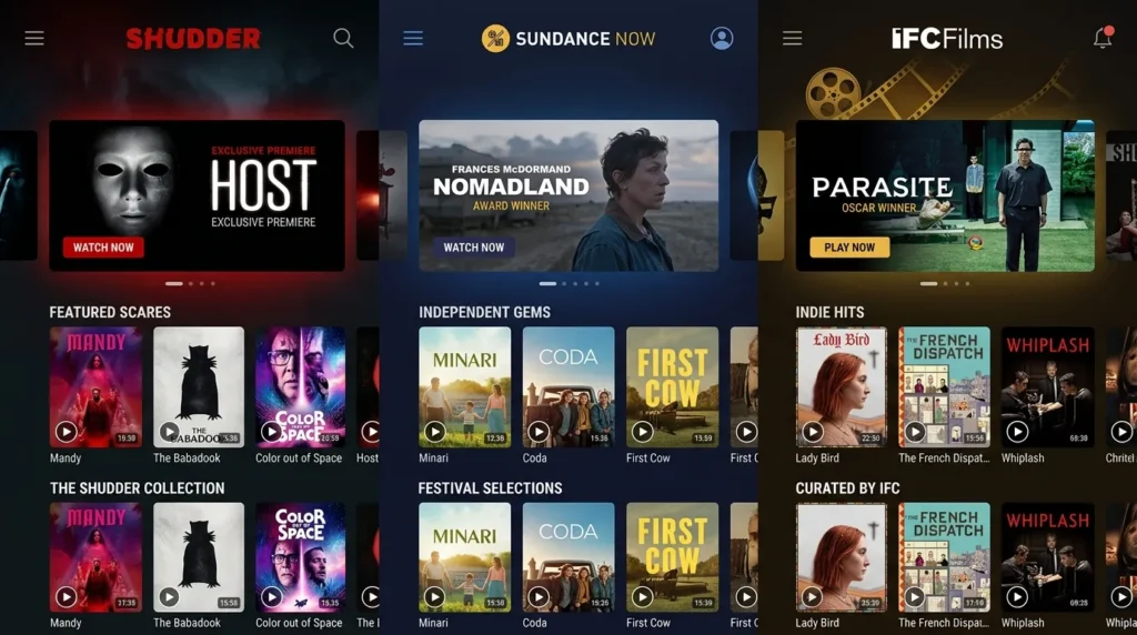 Shudder, Sundance Now, and IFC Films Unlimited streaming services in AMC Plus