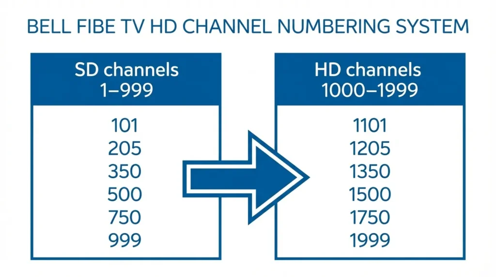 Diagram explaining Bell Fibe TV HD channel numbers — SD channels plus 1000 equals HD channel number