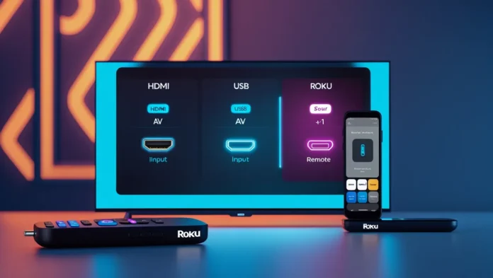 Roku TV with remote and app for changing inputs.
