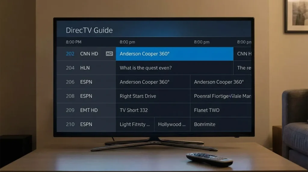 DirecTV on-screen guide showing CNN on channel 202 in HD