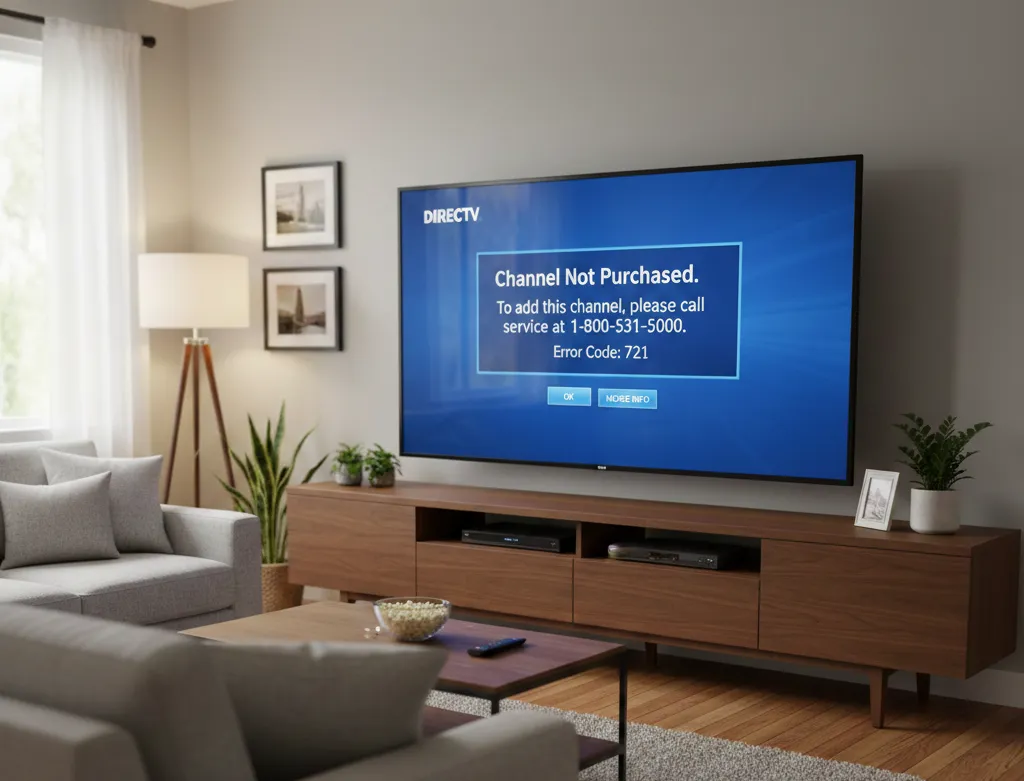 DirecTV Error Code 721 Channel Not Purchased message displayed on TV screen