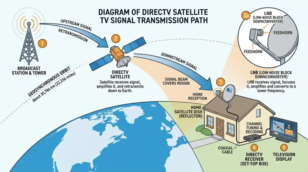 Technical diagram of DirecTV local channel broadcasting system from tower to home