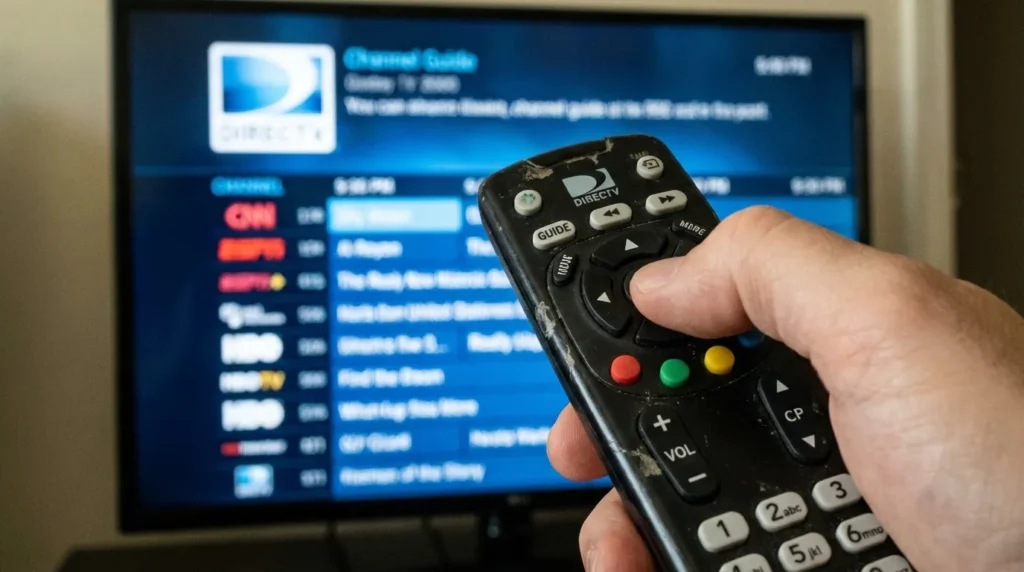 Hand pressing the Guide button on a DirecTV remote to find Disney Channel on channel 290