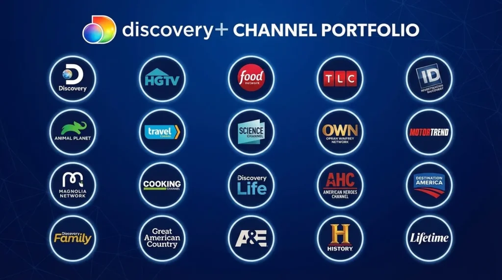 Complete Discovery Plus channel list infographic showing HGTV Food Network TLC ID Discovery and 15 other networks