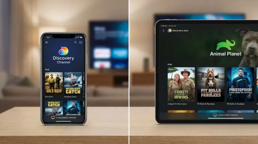 Discovery Plus app streaming on multiple devices showing 4 concurrent stream capability