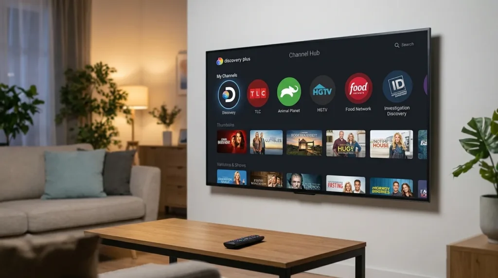Discovery Plus streaming interface displayed on smart TV showing channel selection menu