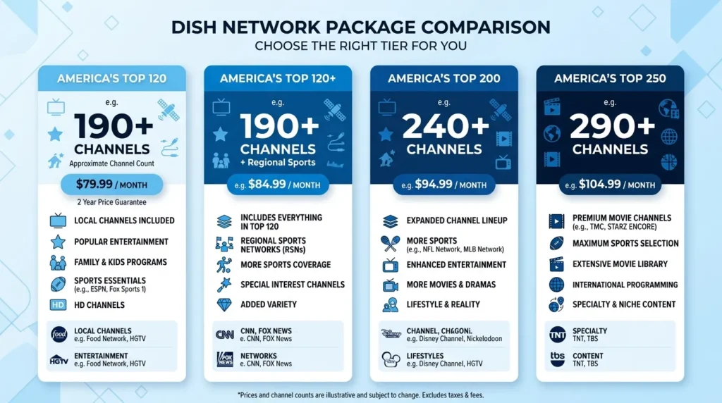 DISH Network package tiers showing ESPN availability in all America’s Top plans