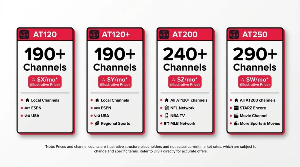 DISH Network 2026 package comparison chart showing America’s Top 120 through 250 pricing and channel counts