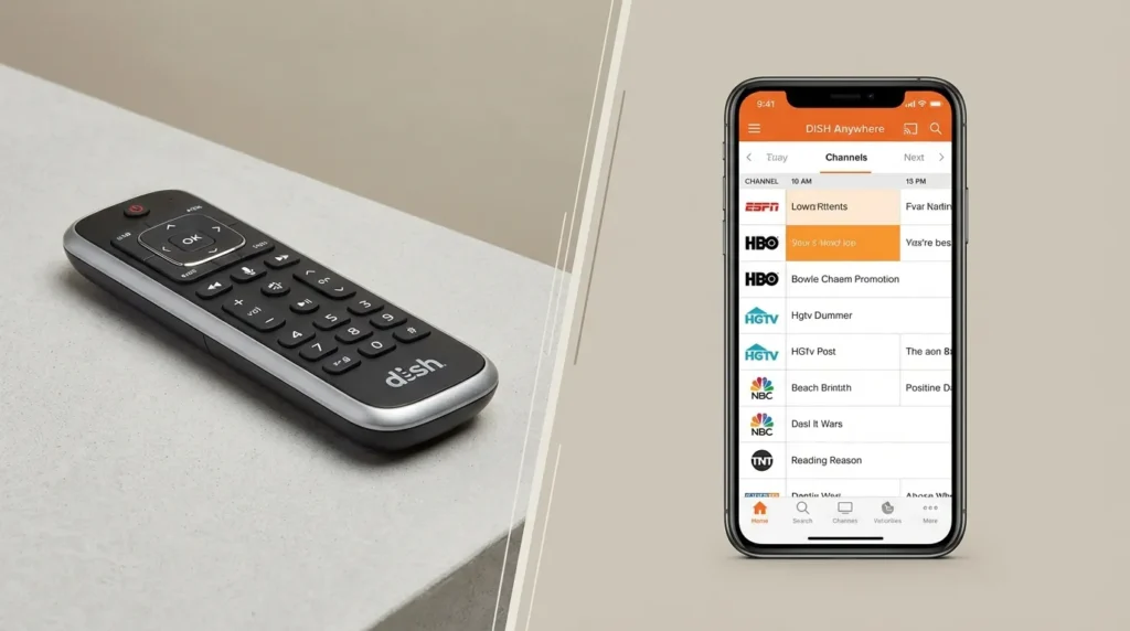 DISH Network remote control next to a smartphone showing the DISH Anywhere app channel guide