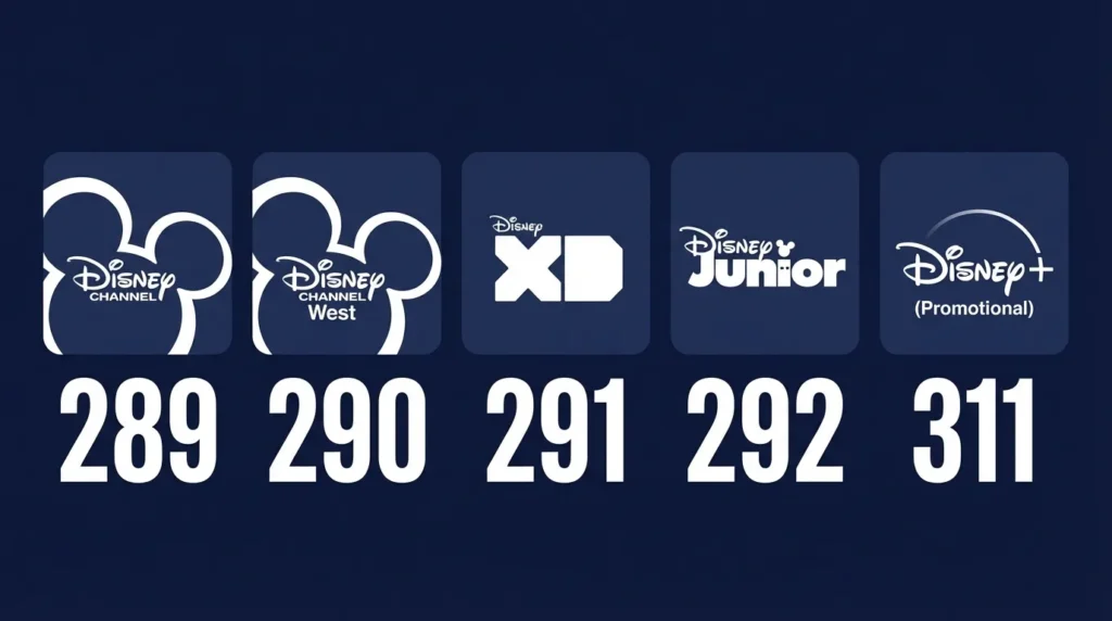 Infographic showing all Disney channel numbers on DirecTV including Disney Junior 289, Disney Channel 290, and Disney XD 292