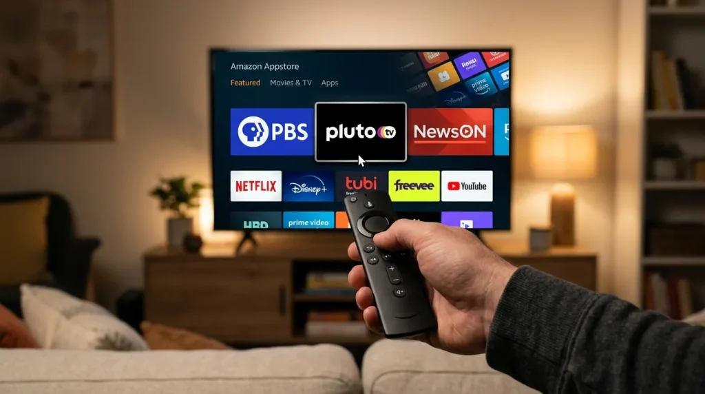 Hand holding Fire Stick remote in front of TV showing free streaming apps in Amazon Appstore