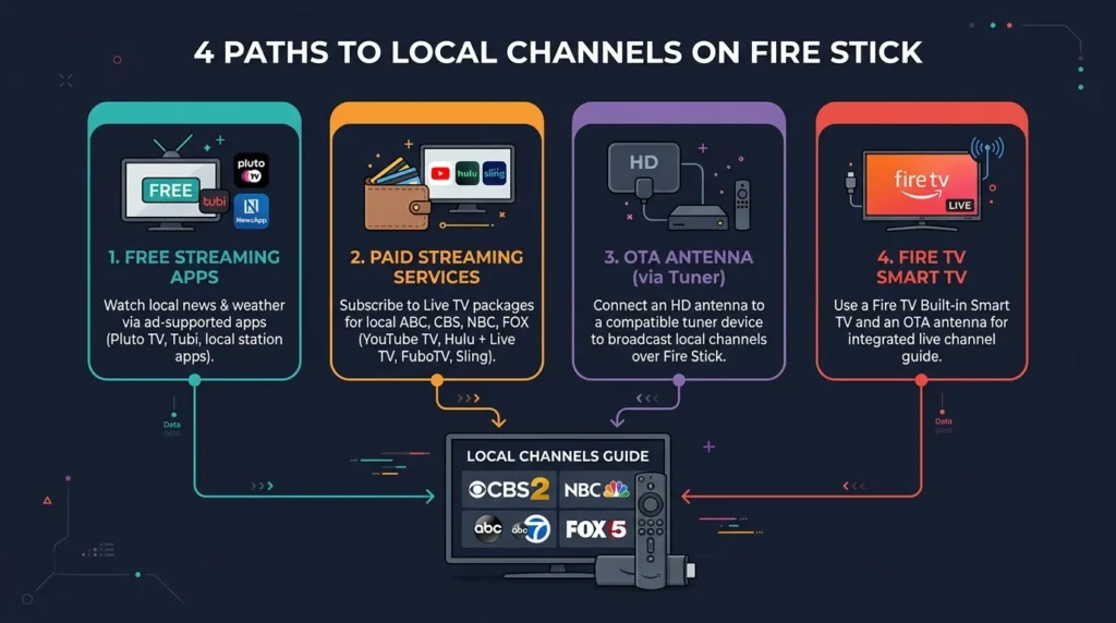 Diagram showing four methods to get local channels on Fire Stick including free apps, streaming services, antenna tuner, and Fire TV Smart TV