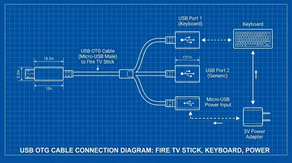 USB OTG cable diagram showing Fire Stick keyboard and power connections