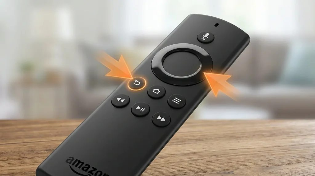 Fire TV remote with Back and Right buttons highlighted for reset