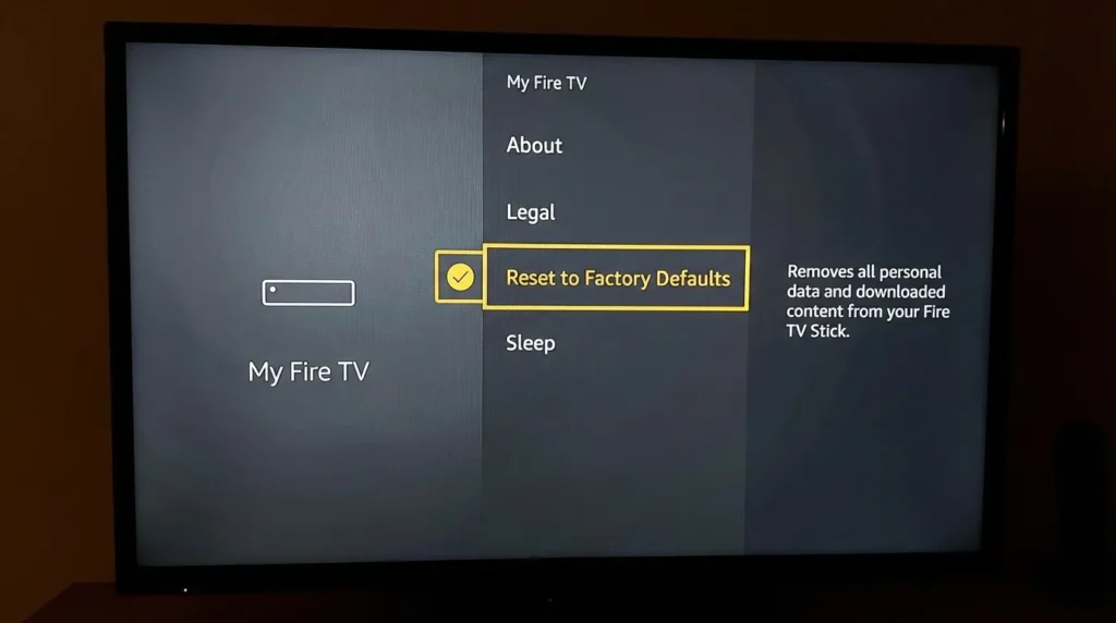 Fire TV Stick settings menu showing reset to factory defaults option