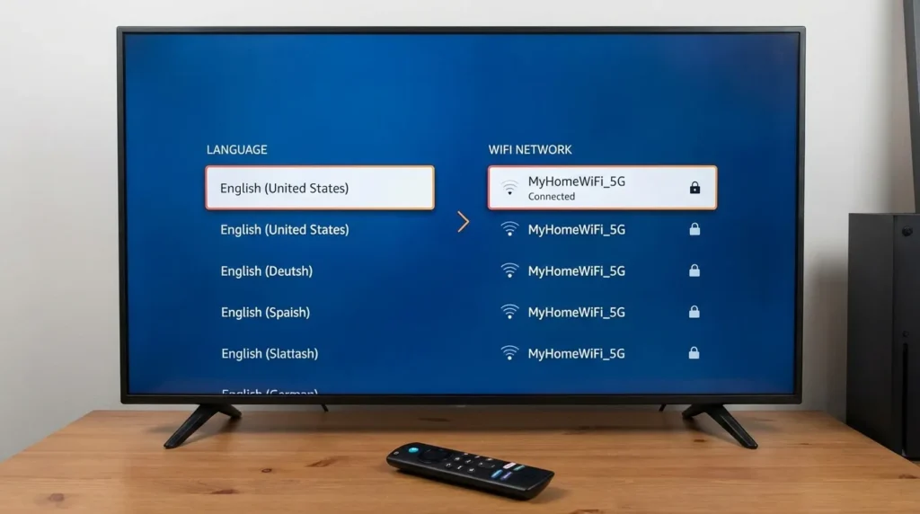 Fire TV Stick language and WiFi setup screen after reset