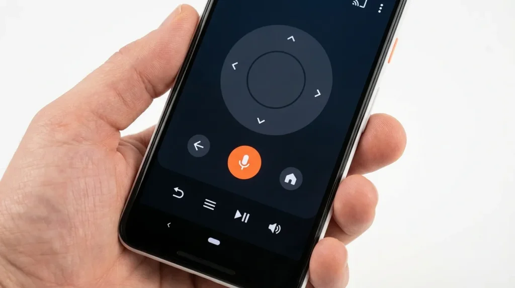 Smartphone displaying Amazon Fire TV app remote screen with D-pad and voice button