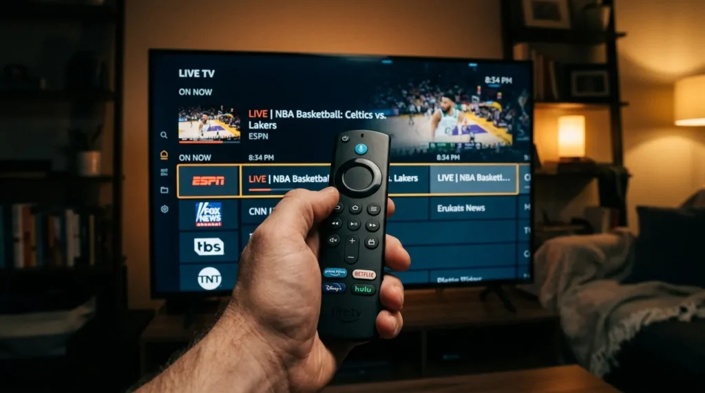 Fire TV Stick remote accessing free FAST channels on Prime Video Live TV