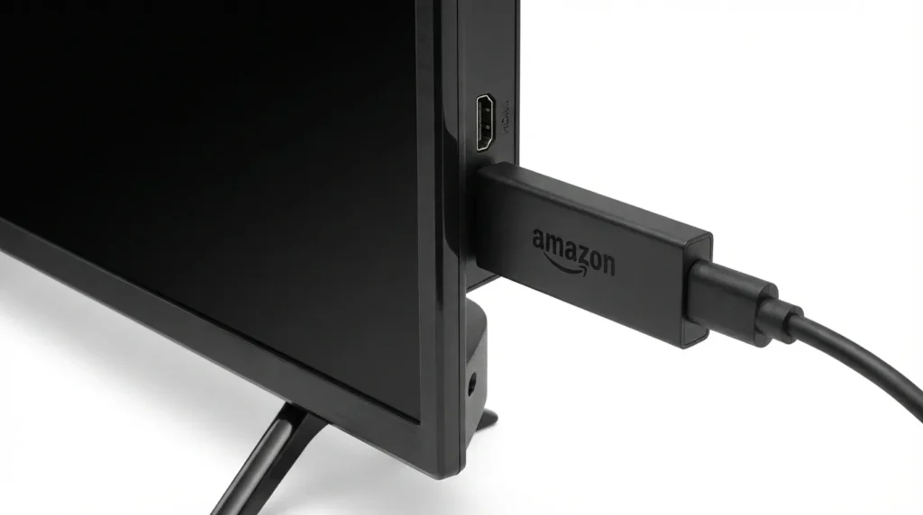 Amazon Fire TV Stick plugged into television HDMI port
