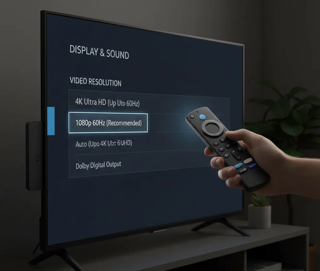 Fire Stick video resolution settings menu with 1080p option highlighted