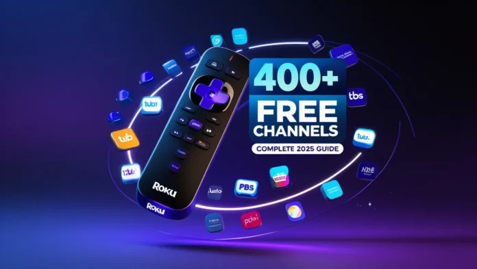 Roku device surrounded by floating channel logos with text "400+ Free Channels Complete 2025 Guide"
