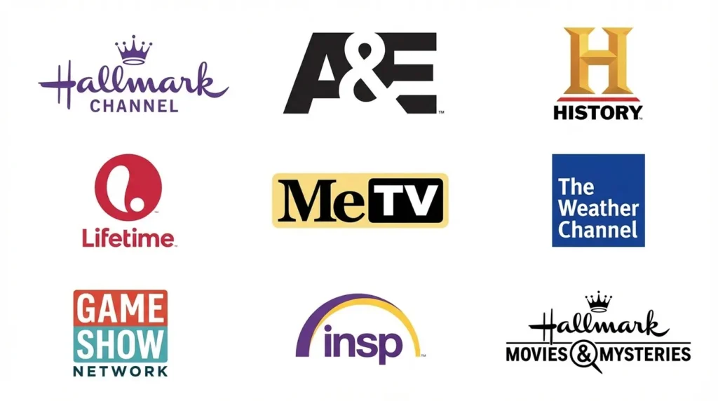 Frndly TV channel logos grid showing Hallmark, A&E, History, MeTV, Lifetime and Weather Channel