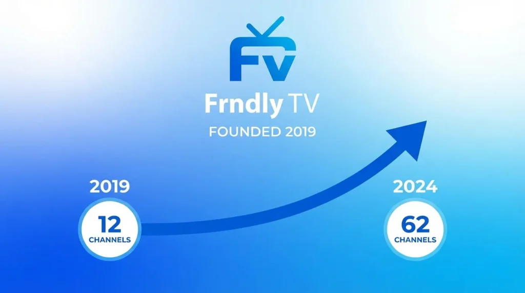 Frndly TV service overview showing channel count growth from 2019 to 2026