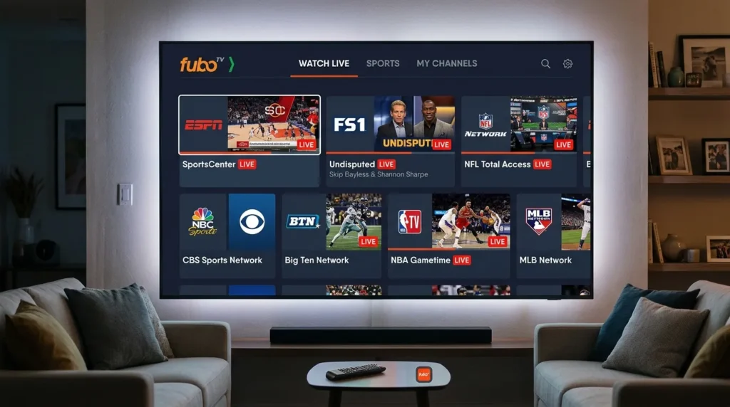 FuboTV streaming service displaying sports channels on television screen