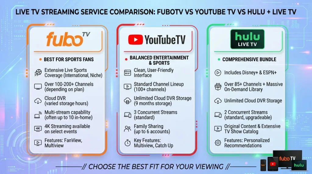 Streaming service comparison chart showing FuboTV versus competitors