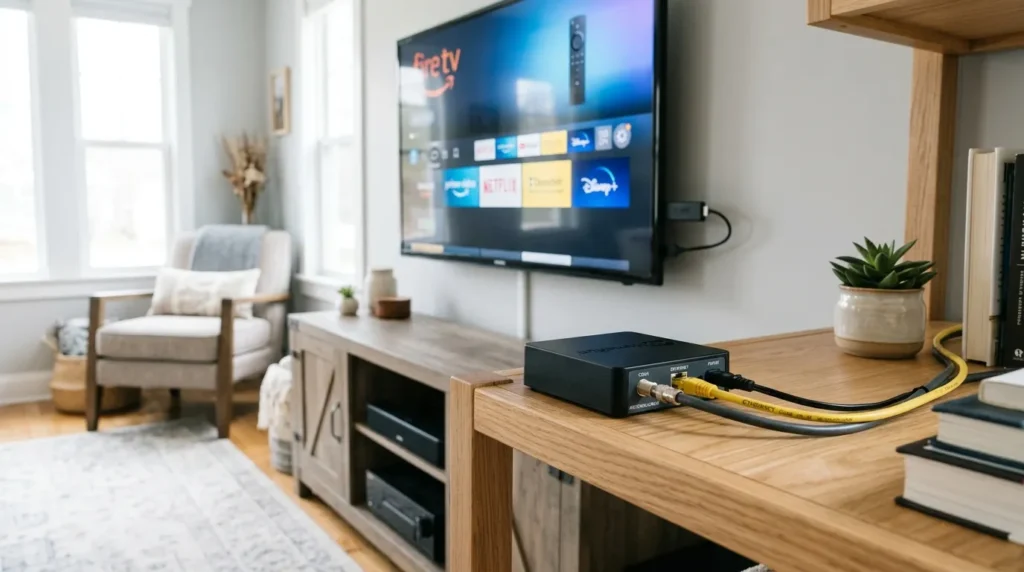 HDHomeRun network tuner connected to coaxial antenna cable next to Amazon Fire Stick TV setup