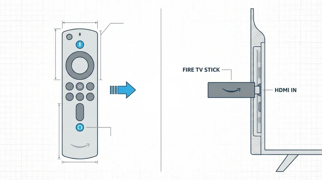 Diagram showing TV remote controlling Fire TV Stick via HDMI-CEC connection