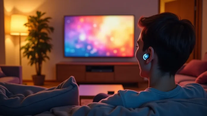 Person watching TV with wireless earbuds.