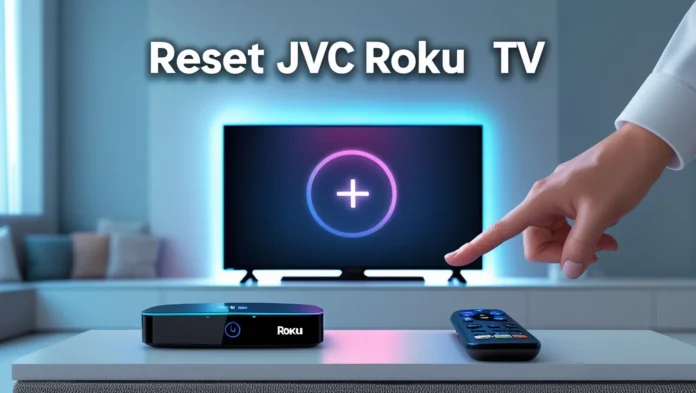 JVC Roku TV with reset symbol and remote.