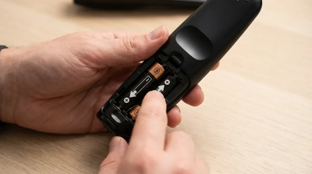 Hands installing batteries correctly in LG Magic Remote