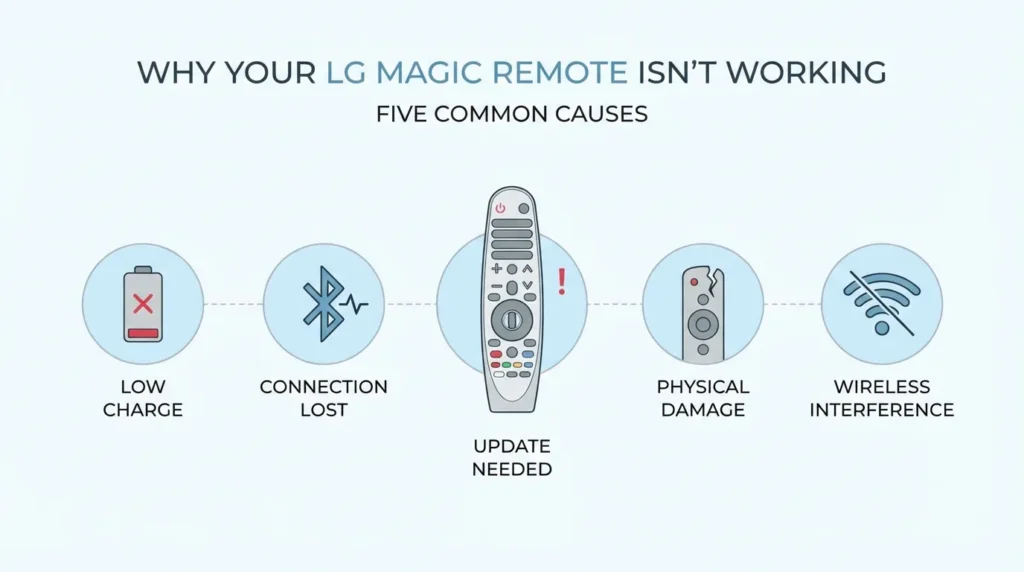 Infographic showing five causes of LG Magic Remote not working