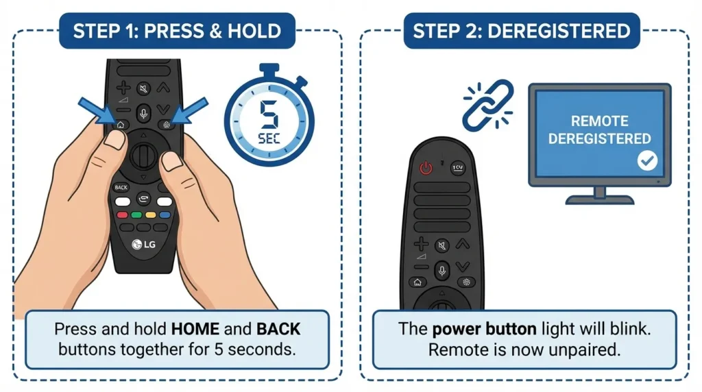 Diagram showing how to deregister LG Magic Remote by pressing Home and Back buttons