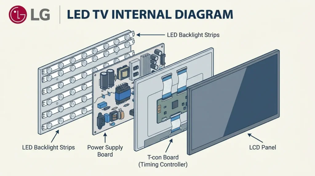 Diagram of LG TV internal components including LED backlight, T-con board and power supply