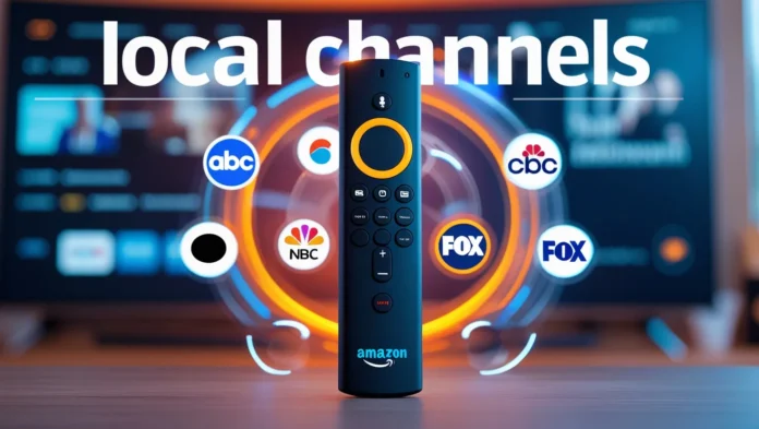 Amazon Fire Stick with local channel icons and TV.
