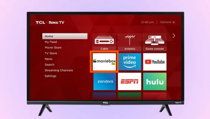 Roku home screen with MovieBox Pro app.