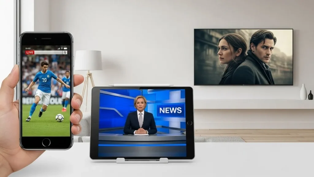 Phone, tablet, TV with Now TV.