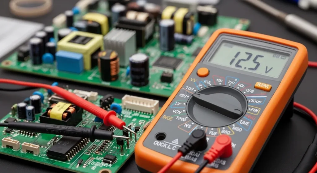 Multimeter probes testing voltage on Philips TV power supply board