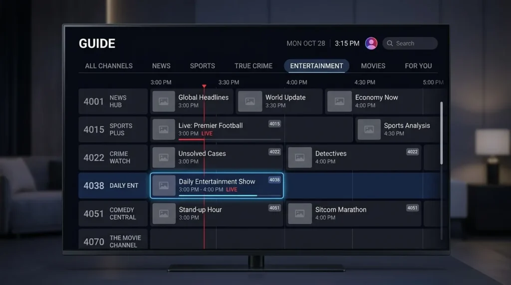 MyFree DIRECTV channel guide grid showing channel numbers by genre