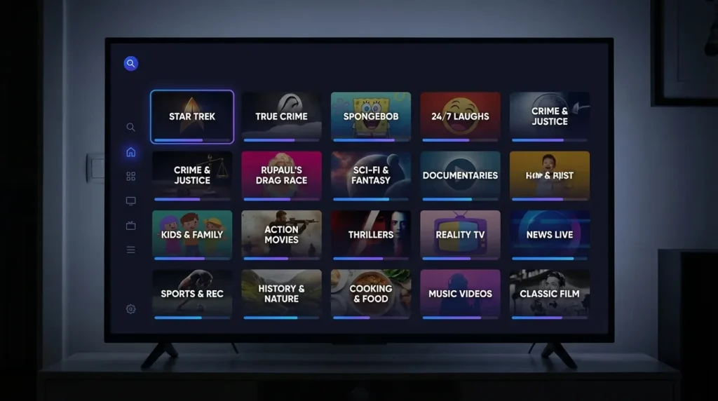 Paramount Plus 18 always-on genre channels displayed in a streaming grid interface