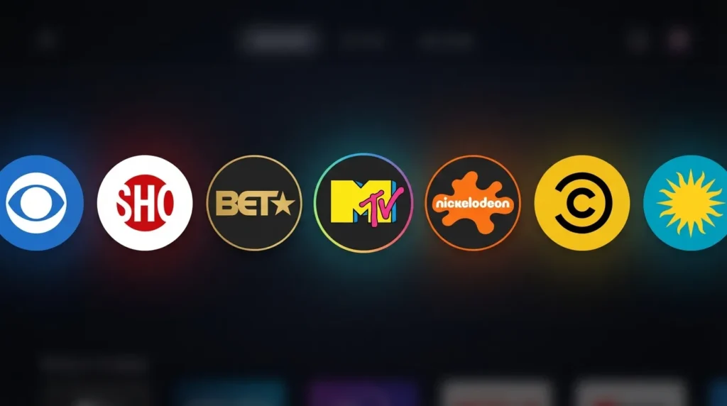 The seven brand channel logos available on Paramount Plus — CBS, Showtime, BET, MTV, Nickelodeon, Comedy Central, and Smithsonian Channel