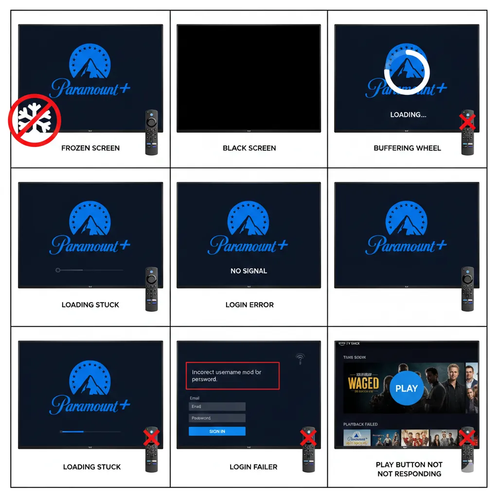 Common Paramount Plus error screens on Fire Stick including freezing, buffering, and black screen