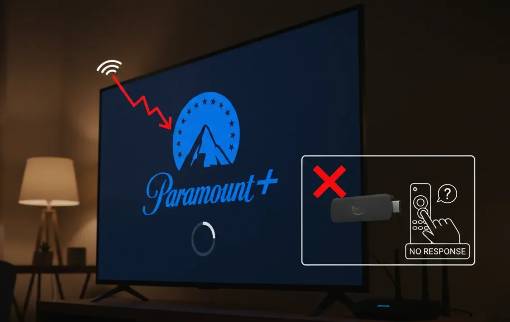Fire Stick connected to TV showing frozen Paramount Plus app screen