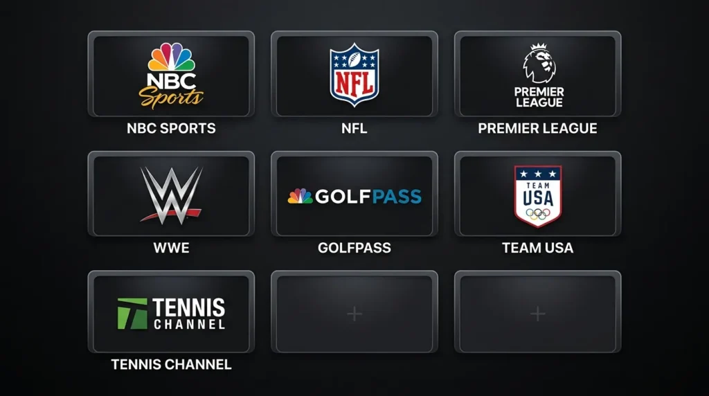Peacock TV sports channels including NFL Channel, Premier League TV, and WWE Network