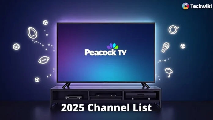 Smart TV displaying Peacock TV logo with 2025 channel list text