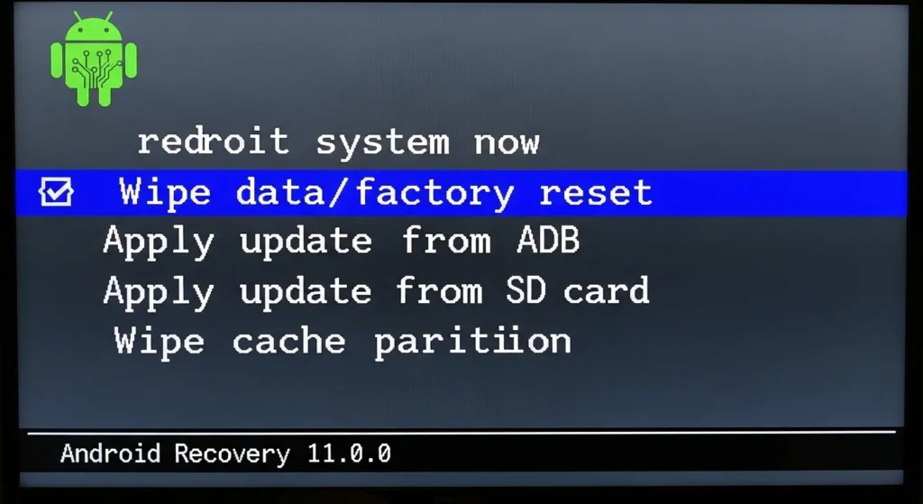 Philips TV Android recovery menu showing factory reset option