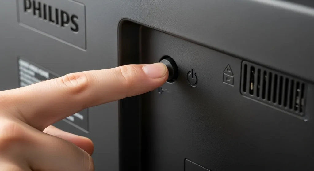 Hand pressing physical power button on back of Philips TV for power cycling